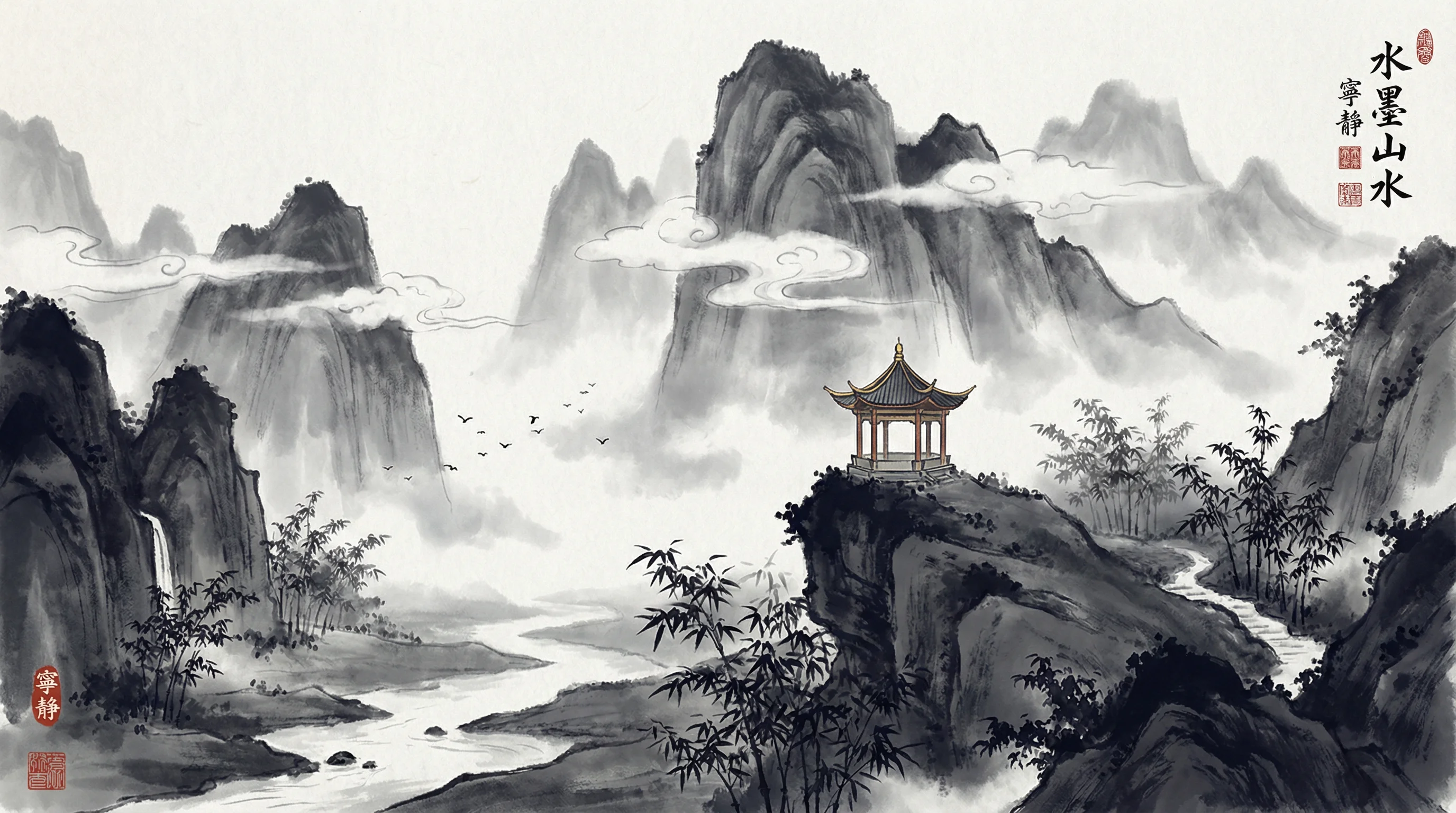 麻将胡了水墨山水游戏背景画卷